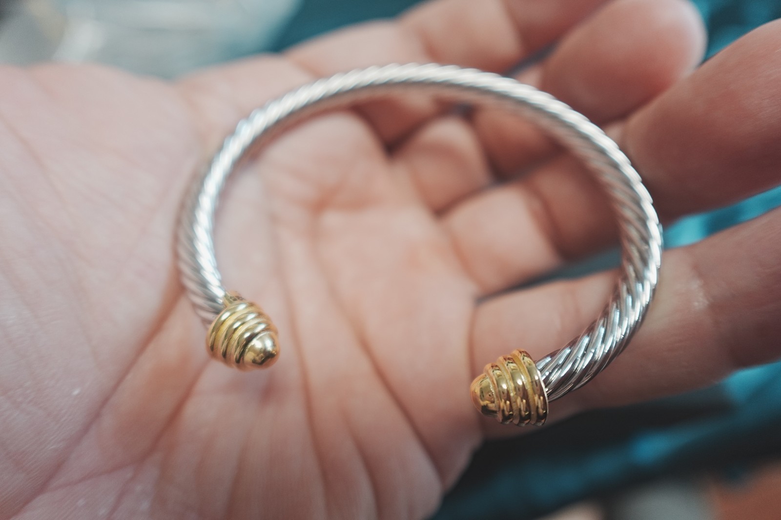 New.DavidYurman.4mm.Classic Cable.Sterling Silver BraceIet&18k Gold Dome BangIe