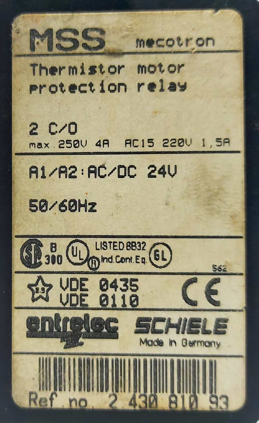 Entrelec Schiele 2.430.810.93 MSS Mecotron Thermistor Motor Protection Relay 24V
