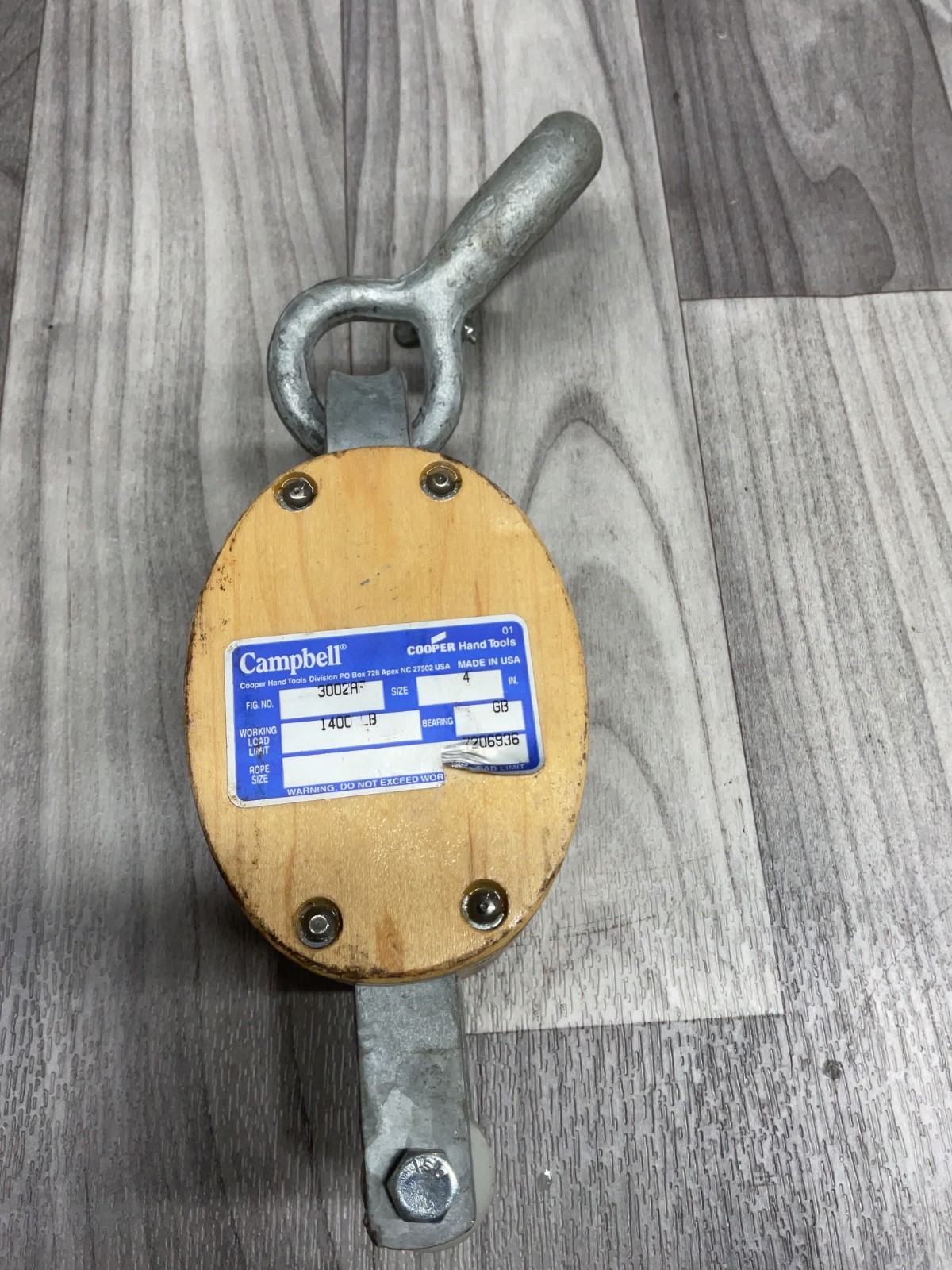 Campbell 3002 A F 4” Double Wood Shell Block / Loose Hook 1/2” Rope #4010X118SI