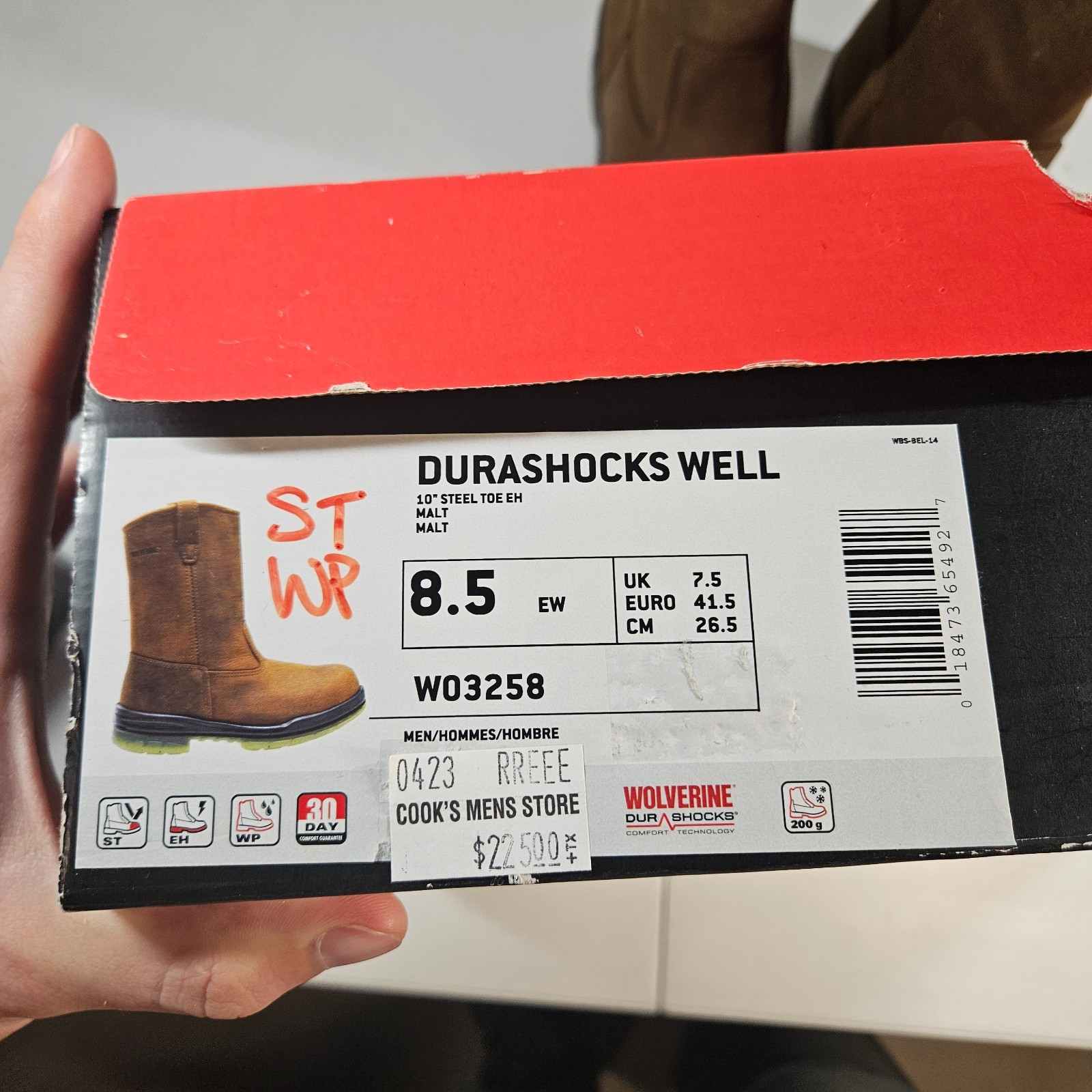 Wolverine Men’s Steel Toe W03258 DuraShocks Wellington Stone 8.5 EW New