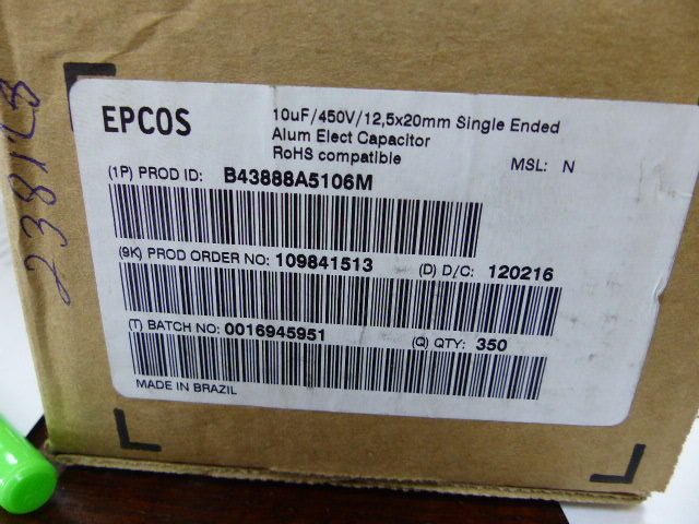 EPCOS B43888A5106M Qty of 65 per Lot EL RAD P5 10UF 450V 12X20 105°; Cap Alumin
