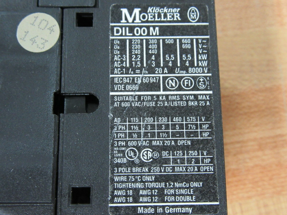 Klockner/Moeller DIL00 M Contactor DIL00M Coil: 24V 60Hz