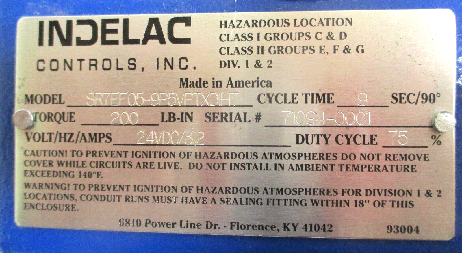 INDELAC ACTUATOR , SR7EF05-9P5VPTXDHT , 200 IN/LB TORQUE