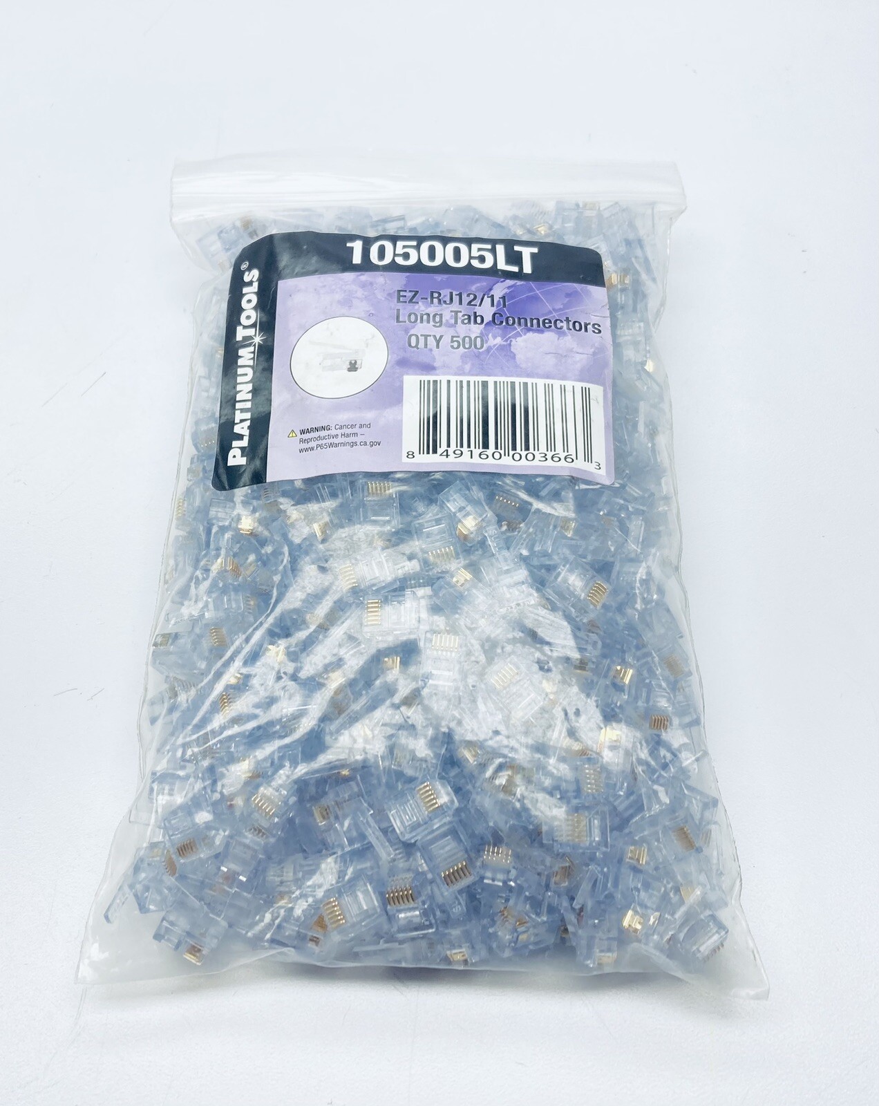 PACK OF 500 UNUSED PLATINUM TOOLS 105005LT EZ-RJ12/11 LONG TAB CONNECTORS