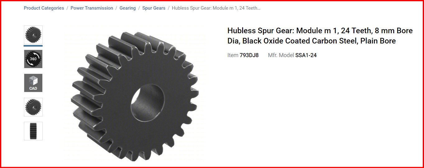 Unless Spur Gear 24 teeth, 8 mm Bore Diameter, Black Oxide Coated Steel