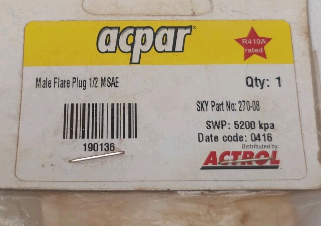 5x Sky Refrigeration 270-08 Male Flare Plug 1/2 M SAE Acpar 190136