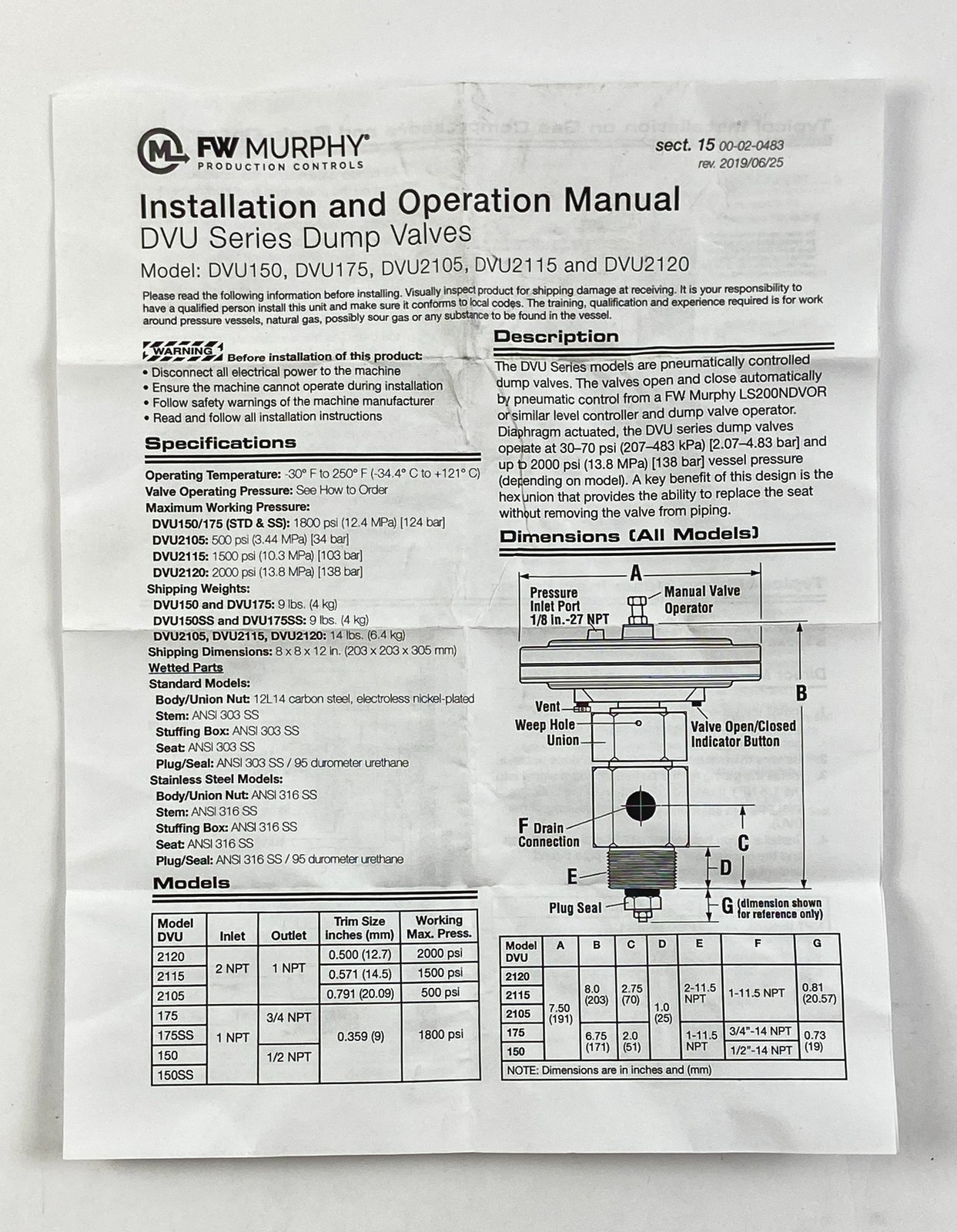 FW Murphy Seal Kit DVU2115 2G 55000271