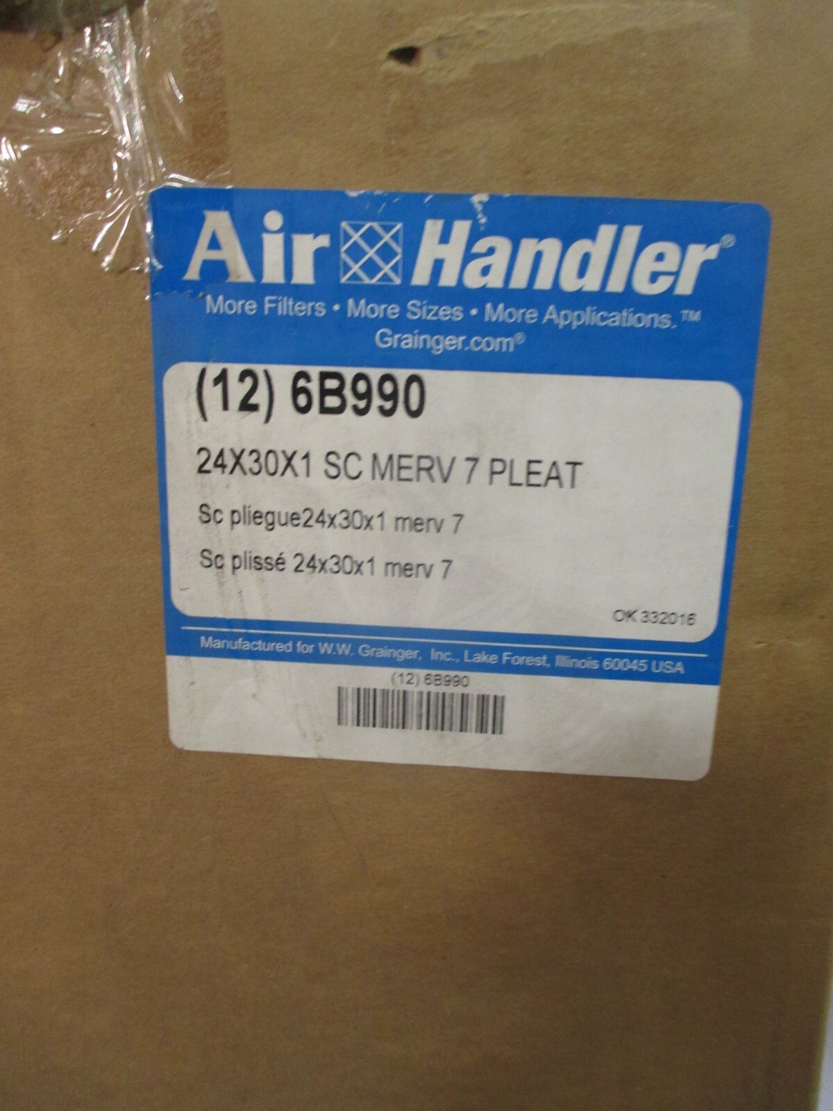 Box of 12 Air Handler 24″ X 30″ X 1″ Pleated Filter 6B990