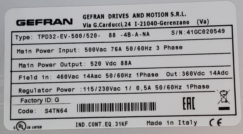 Gefran TPD32-EV-500/520-88-4B-A-NA Digital DC Drive 3PH 500V 88A *Read*