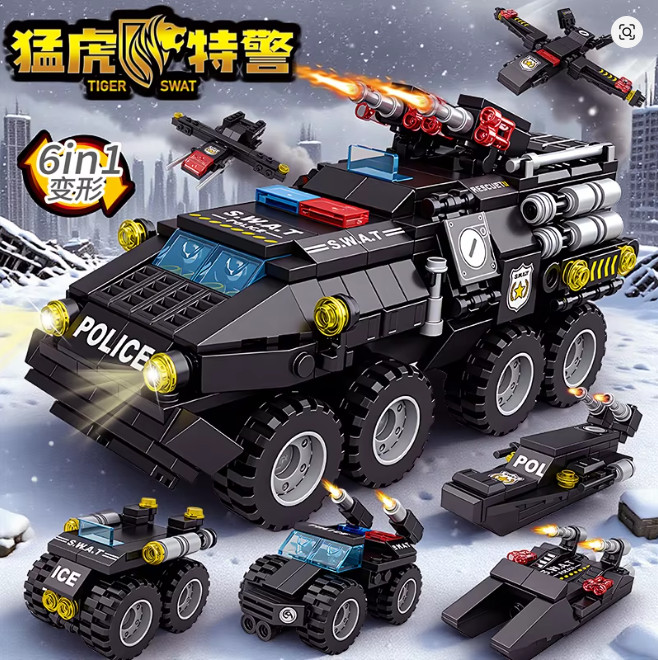 6 in 1 Military Building Blocks Tiger Police Car Armored Vehicle Aircraft Set…