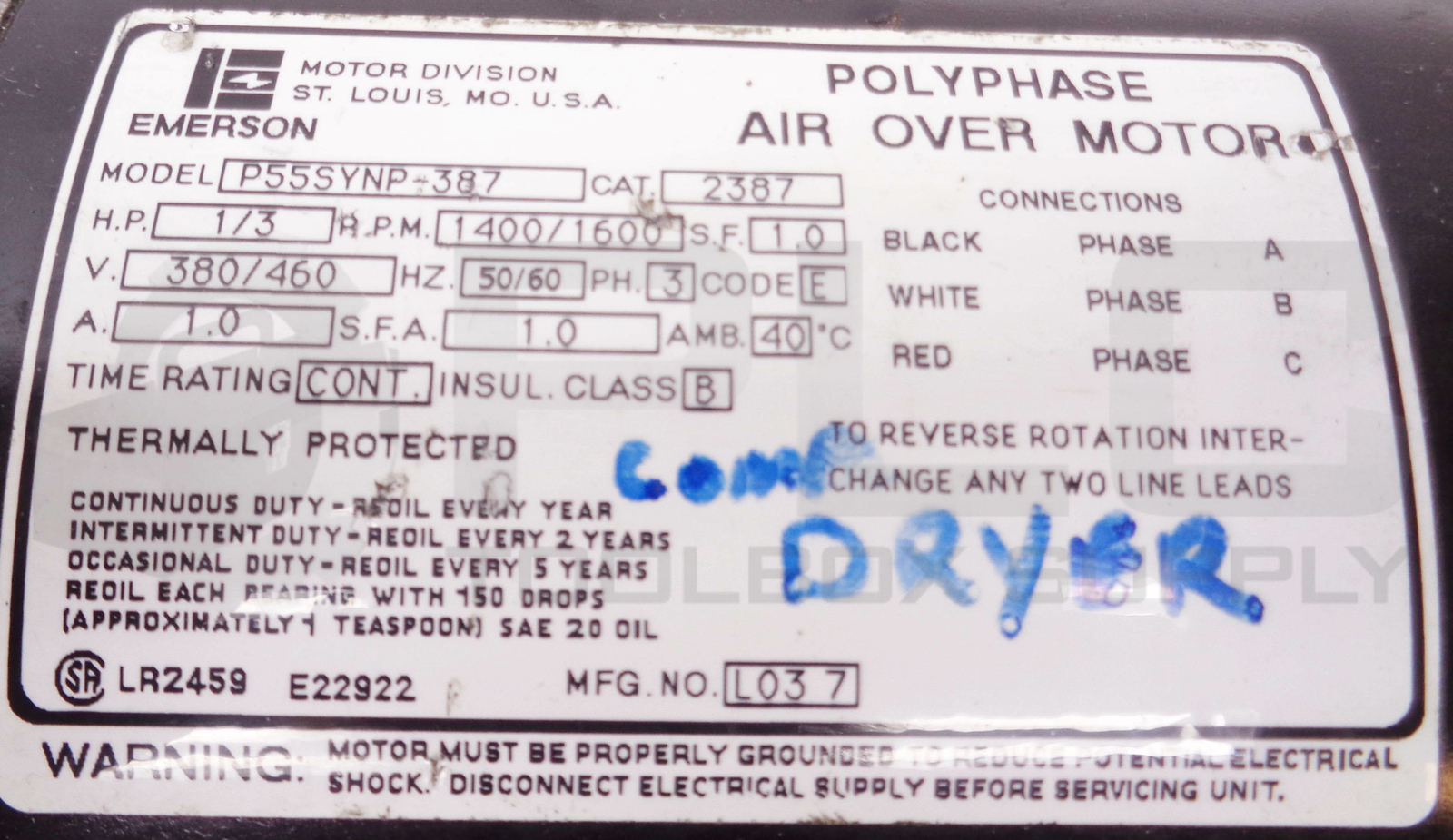 EMERSON P55SYNP-387 POLYPHASE AIR OVER MOTOR, CAT. 2387, 1/3HP 1400/1600RPM