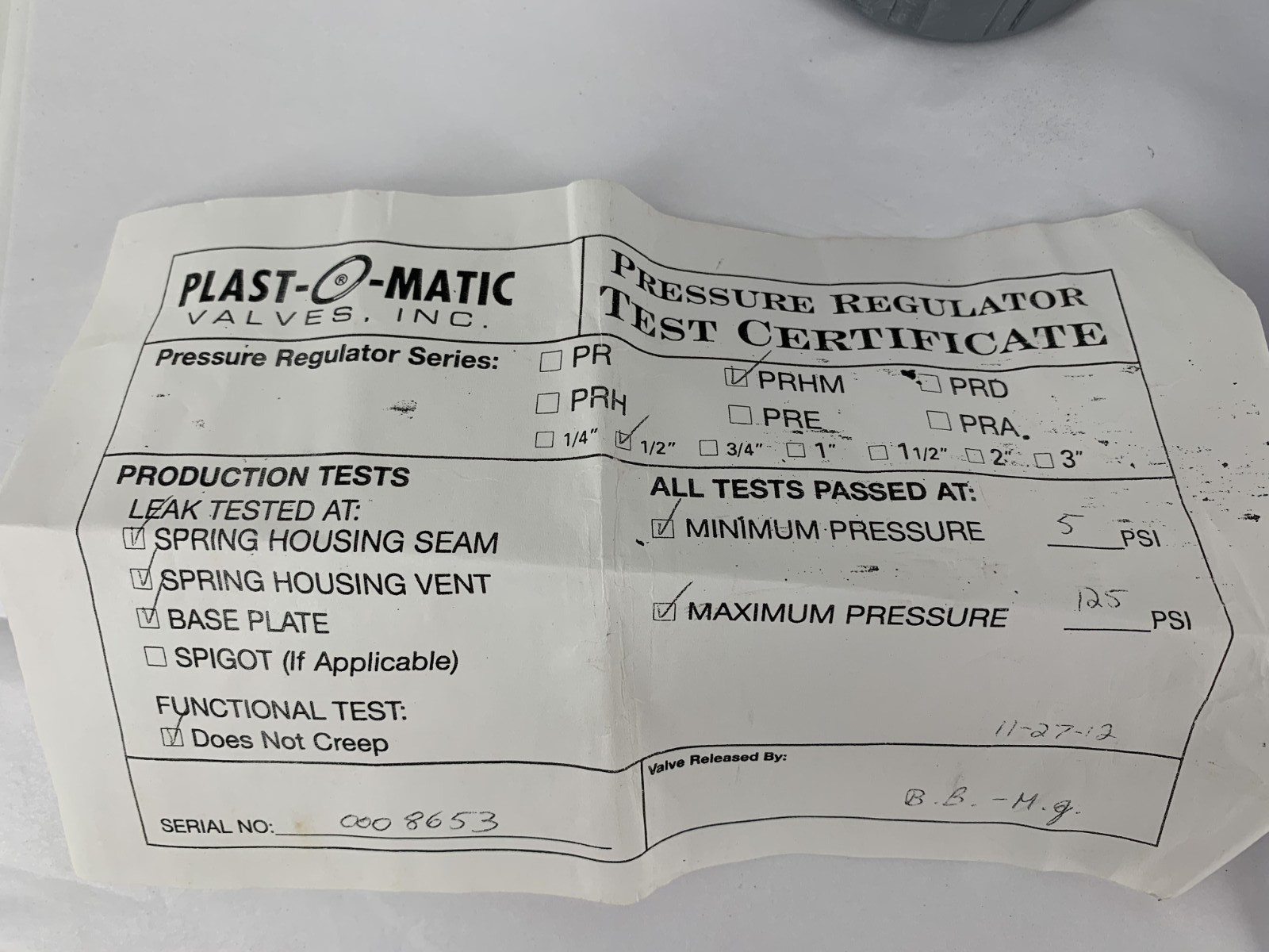 Plast-O-Matic Valves, Inc. PRHM050V-CP Thermoplastic Pressure Regulator 5-125PSI