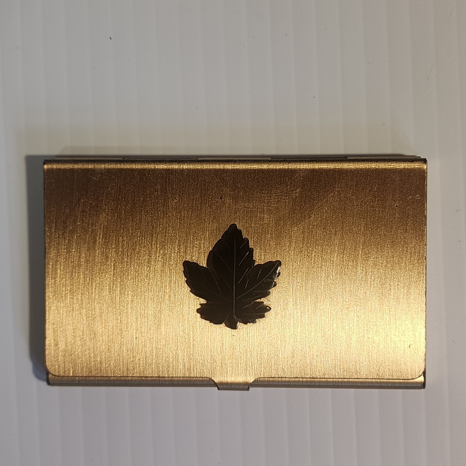 Vintage Brass Business Card Holder Maple Leaf Canada Souvenir Gold Tone Case