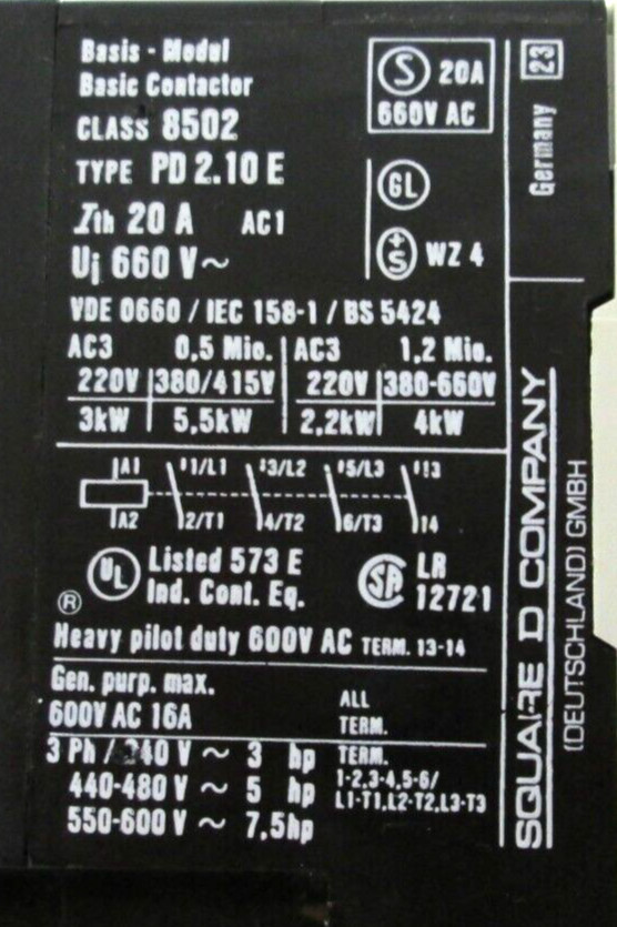 SQUARE D COMPANY, CLASS 8502, TYPE PD 2. 10 E, SHORT CIRCUIT PROTECTOR, SURPLUS