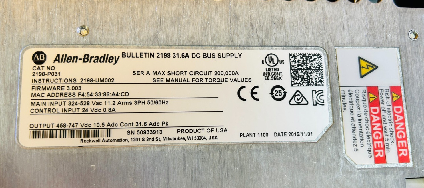 Allen Bradley 2198-P031 7 kW, 324-528 VDC, Kinetix 5700 DC Bus Supply. New!