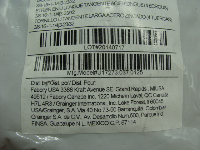 LOT OF 23 PKGS OF 5 FABORY U-BOLT LONG TANGENT ZINC PLATED 3/8-16~1-1/4|3-23/32
