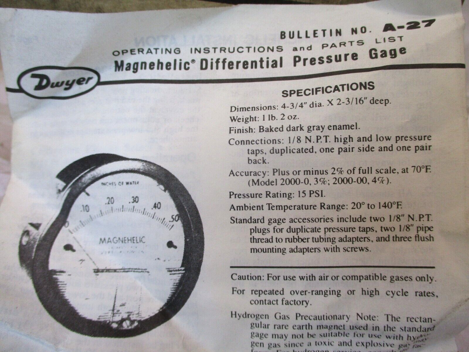 Dwyer 2001C Magnehelic Differential Pressure Gage 15 PSIG Max 0-1.0″ A7251WVS