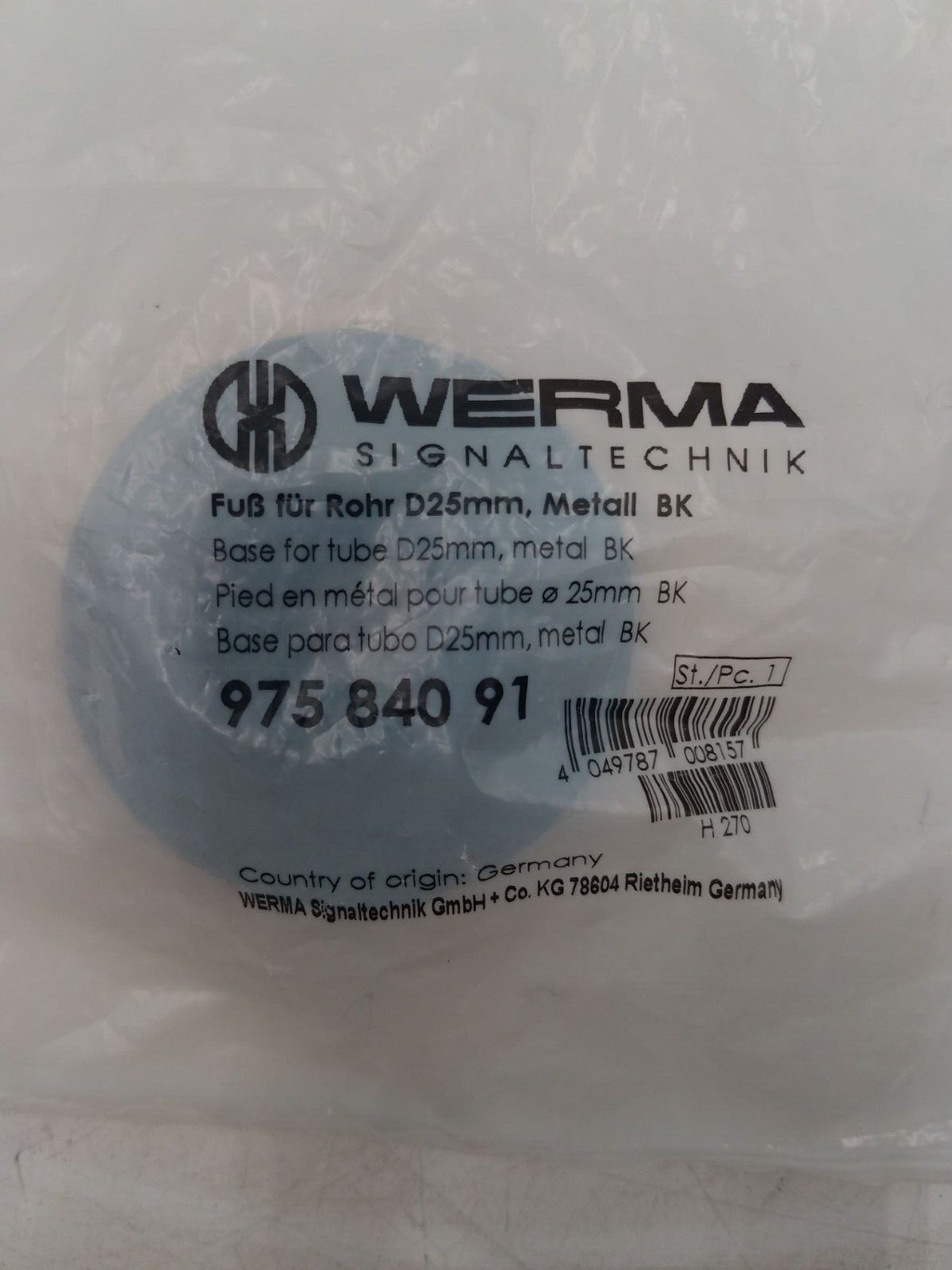 975.840.91 WERMA, BASE, FOR TUBE D25MM, METAL, ACCESSORY, BLACK, New