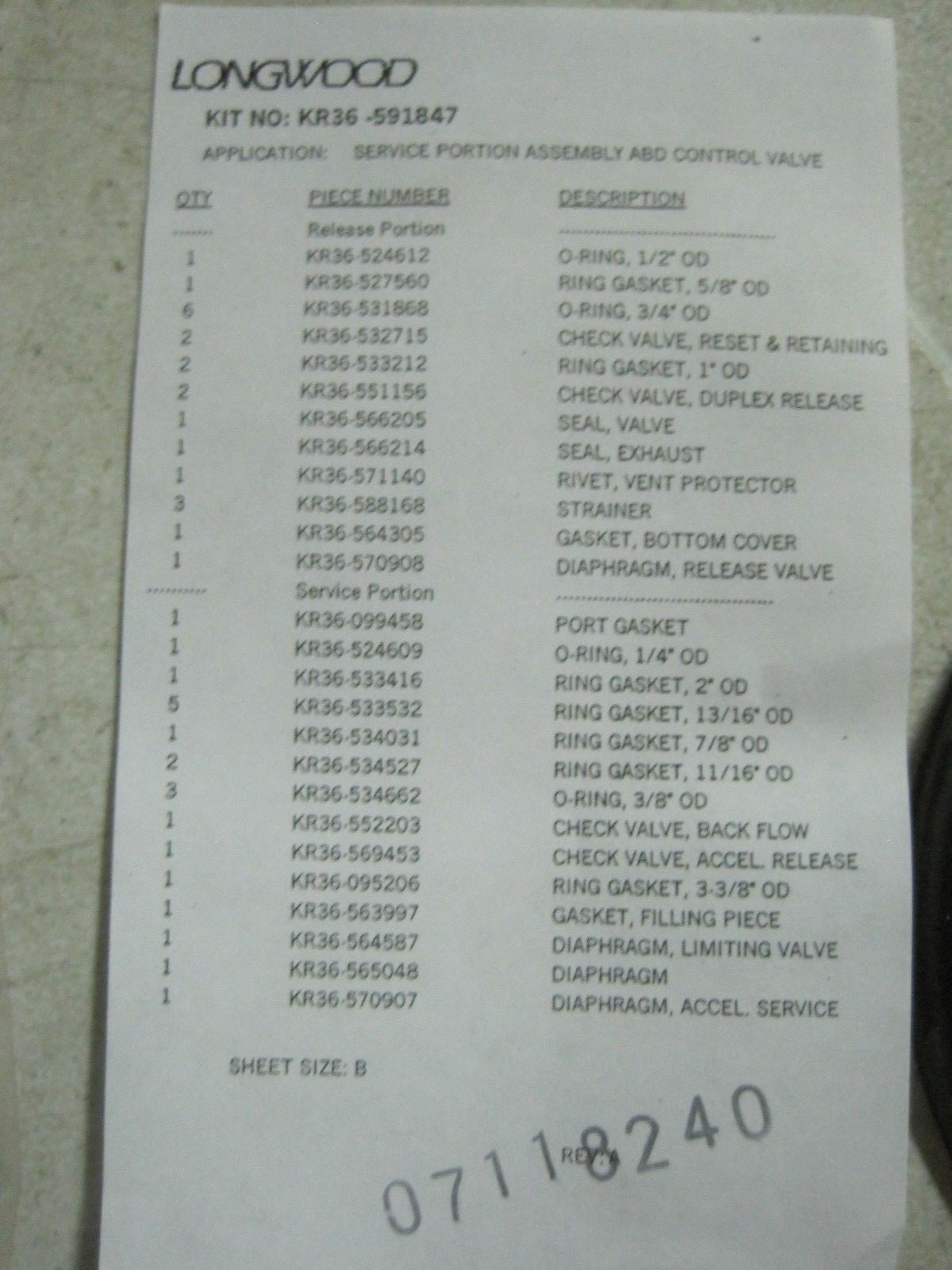 New Longwood KR36-591847 ABD Service Portion