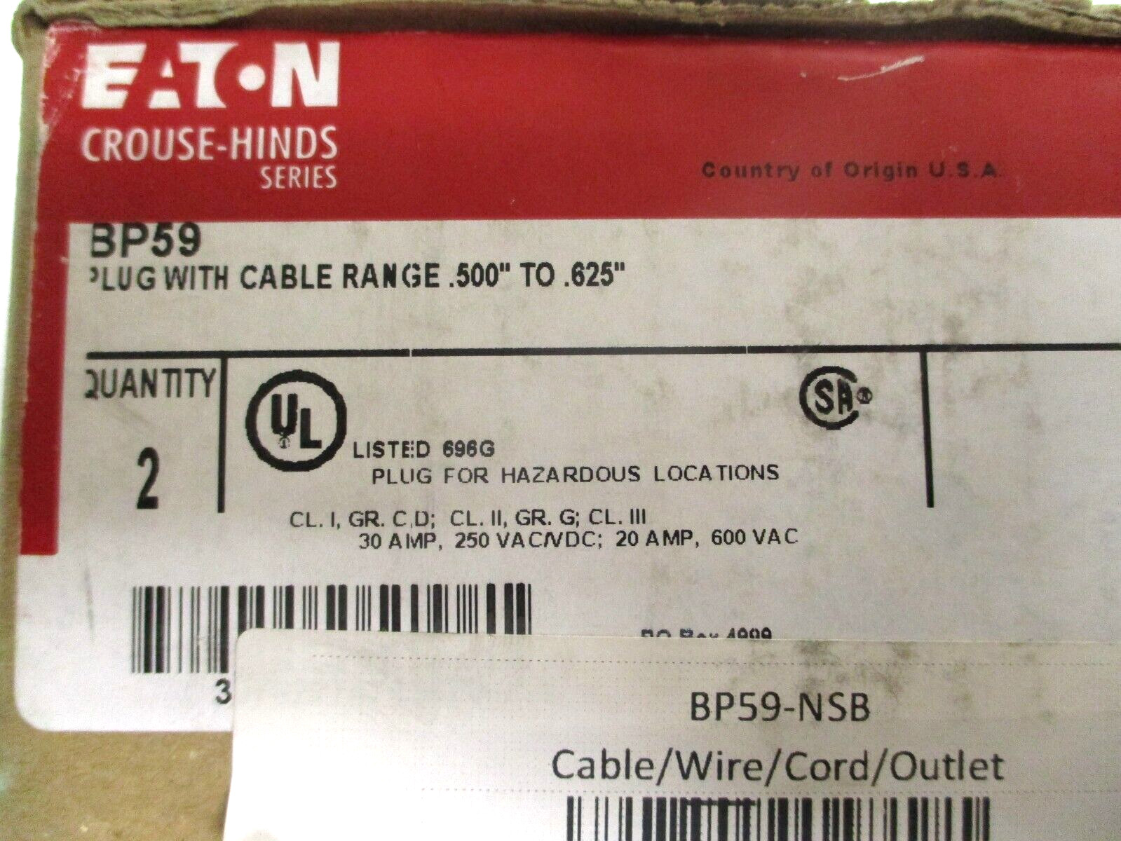 EATON , BP59 , PLUG WITH CABLE RANGE , 0.500″ TO 0.625″ , LOT OF 2 , SURPLUS