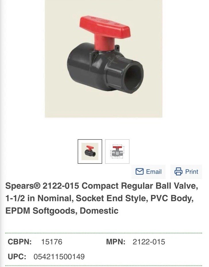 Spears 2122-015 1-1/2 PVC Compact Ball Valve SOC EPDM Please Read Description