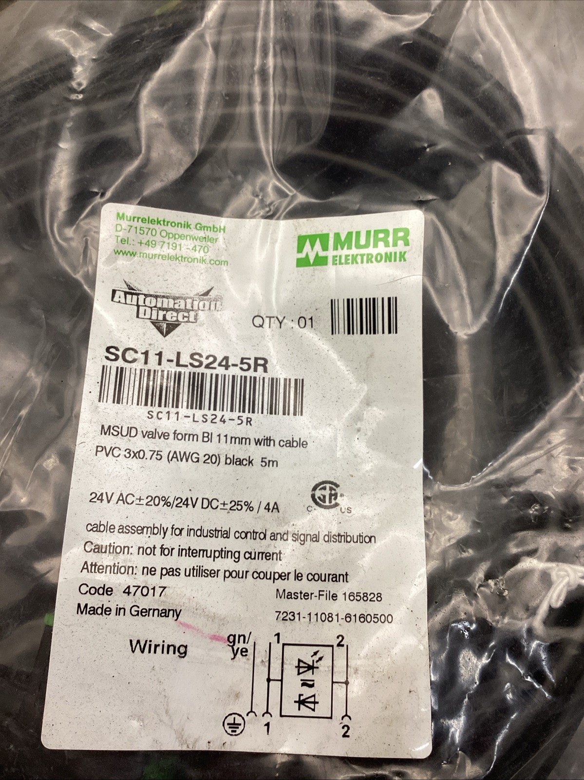(NEW) MURR ELEKTRONIK / AUTOMATION DIRECT SC11-LS24-5R 24V Solenoid Valve Cable
