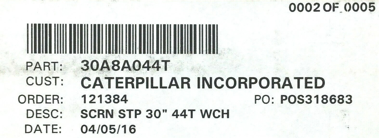SWECO 30A8A044T CATERPILLAR INCORPORATED 44T WCH ASAP SCRN STP 30″ BOX OF 3