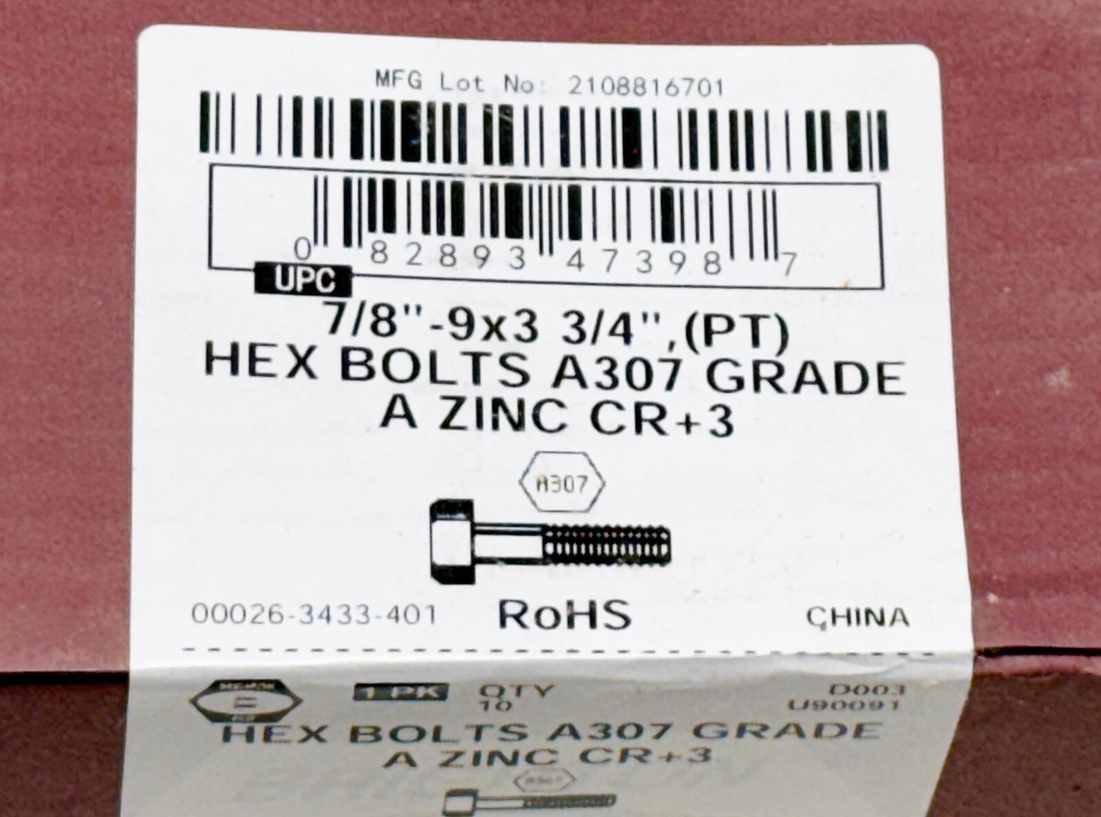 7/8-9 x 3 3/4″ Hex Bolt (PT) Grade A Zinc CR+3 A307 —Qty 10 -Brighton Best