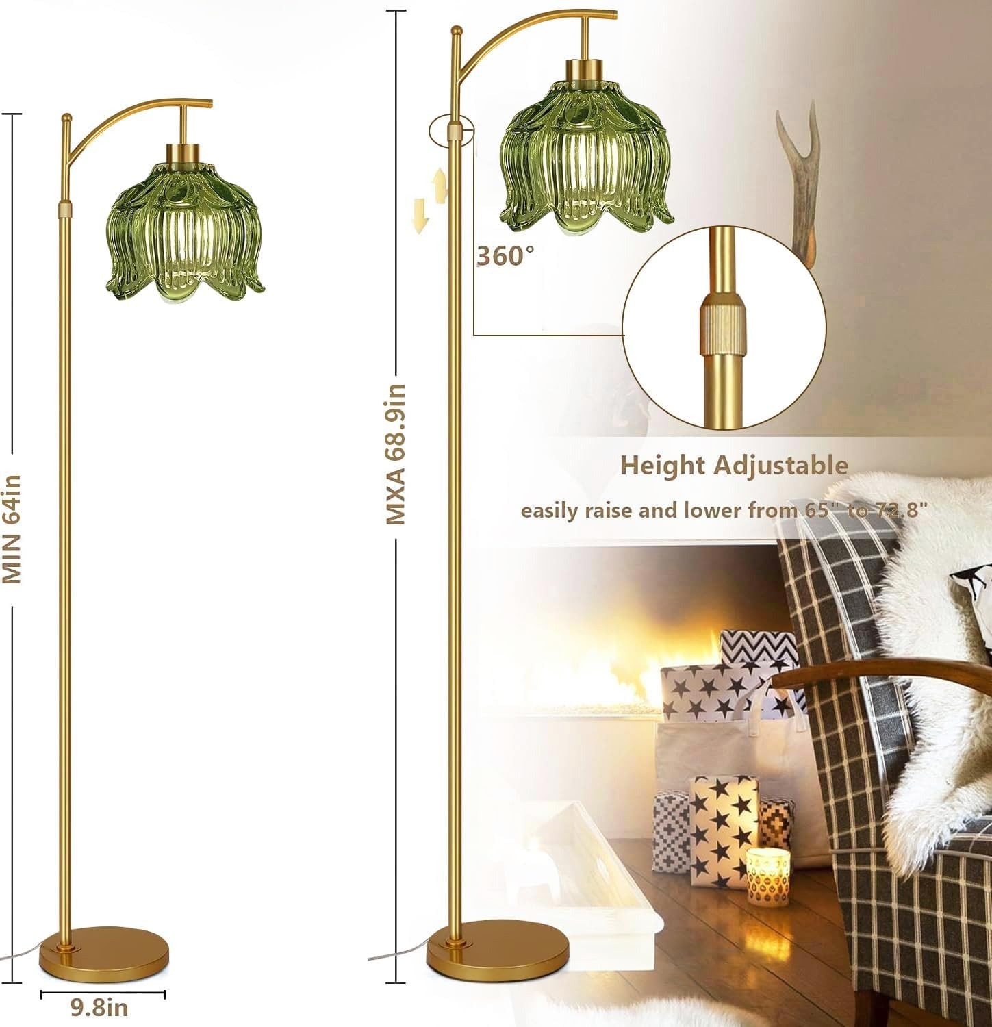 Mid Century Modern Gold Floor Lamp with Remote – Dimmable Brass & Green Glass Ar
