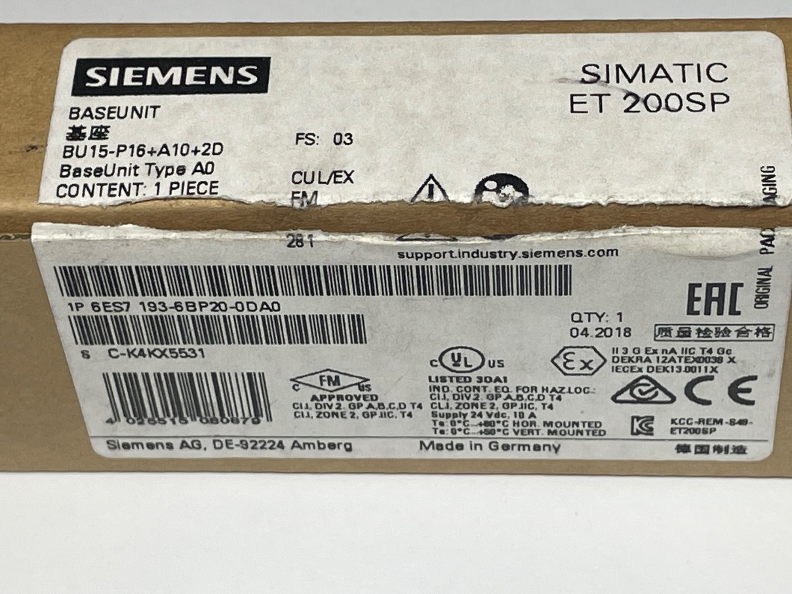 Siemens 6ES7 193-6BP20-0DA0 Base Unit Simatic ET 200SP