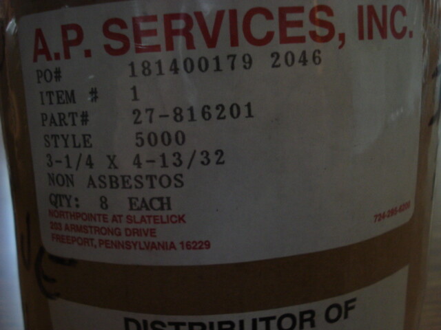 8 Rings, AP Services Non Asbestos Valve Packing 27-816201, 3-1/4″ X 4-13/32″.