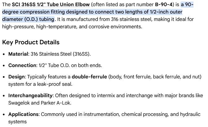 1 NEW SCI B-90-4 ½” 316SS TUBE UNION ELBOW FITTING NNB ***MAKE OFFER***