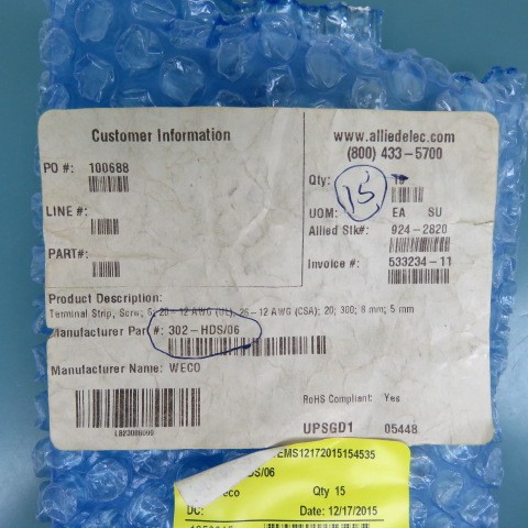 Weco 302-HDS/06 Qty of 11 per Lot Eurostyle Screw Terminal Strips for Panel