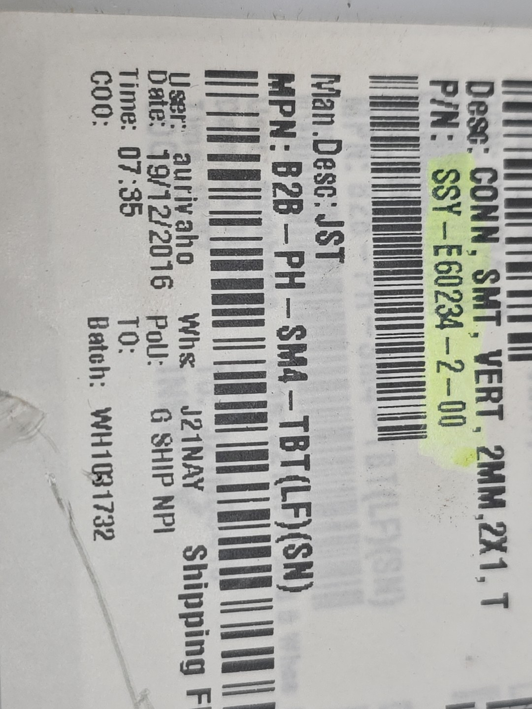 B2B-PH-SM4-TBT(LF)(SN) Qty of 400 per Lot CONN HEADER PH TOP 2POS 2MM SMD NOS