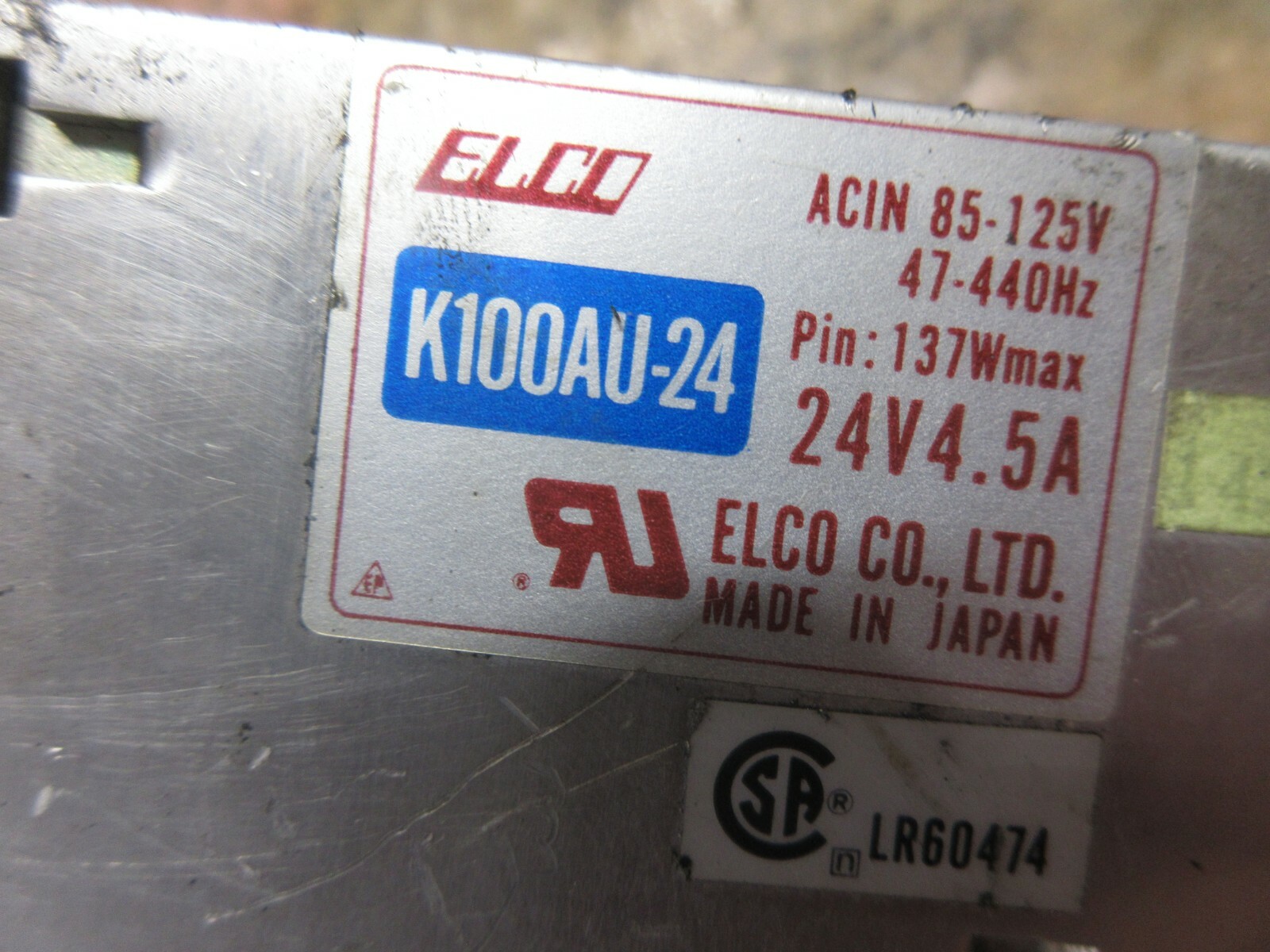 ELCO POWER SUPPLY K100AU-24 ACIN 85-125V 47-400HZ 24V4.5A LR60474