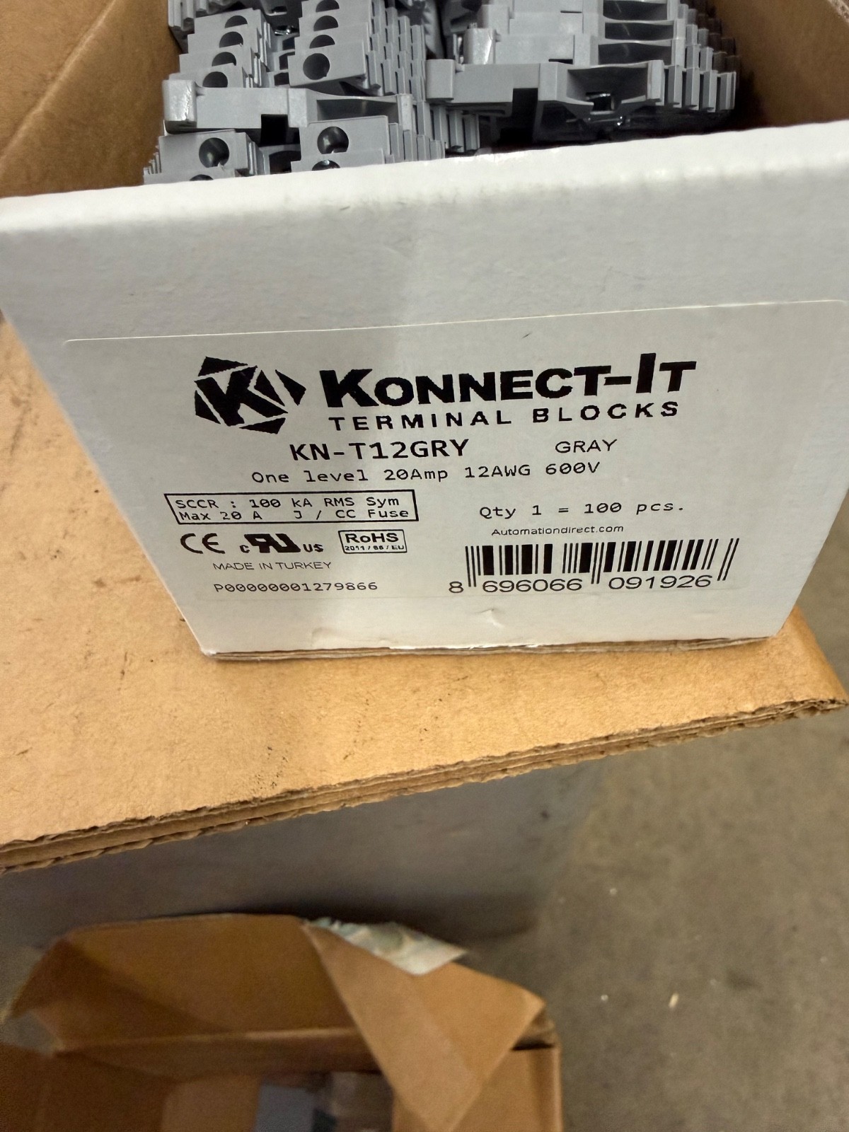 Konnect-It brand screw terminal block, model number KN-T12GRY
