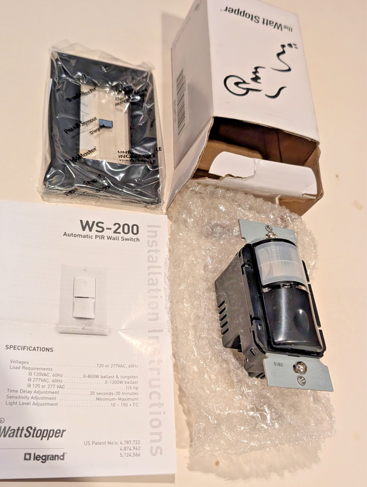 WATT STOPPER WS-200 B BLACK Passive Infrared Automatic Wall Switch 120/277 VAC