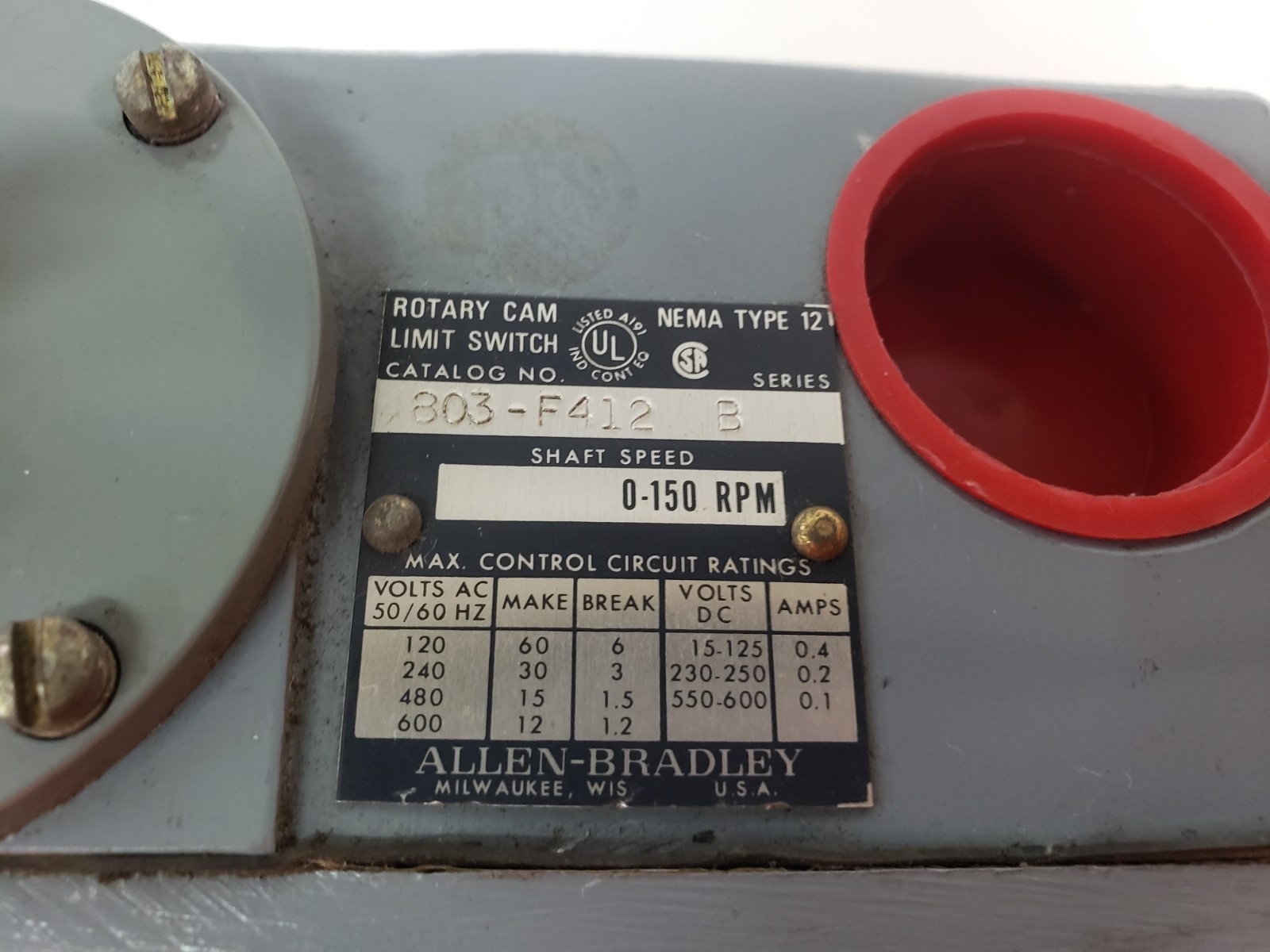 UNUSED – Allen-Bradley 803-F412 Ser. B Rotary Cam Limit Switch 0-150RPM NEMA 12