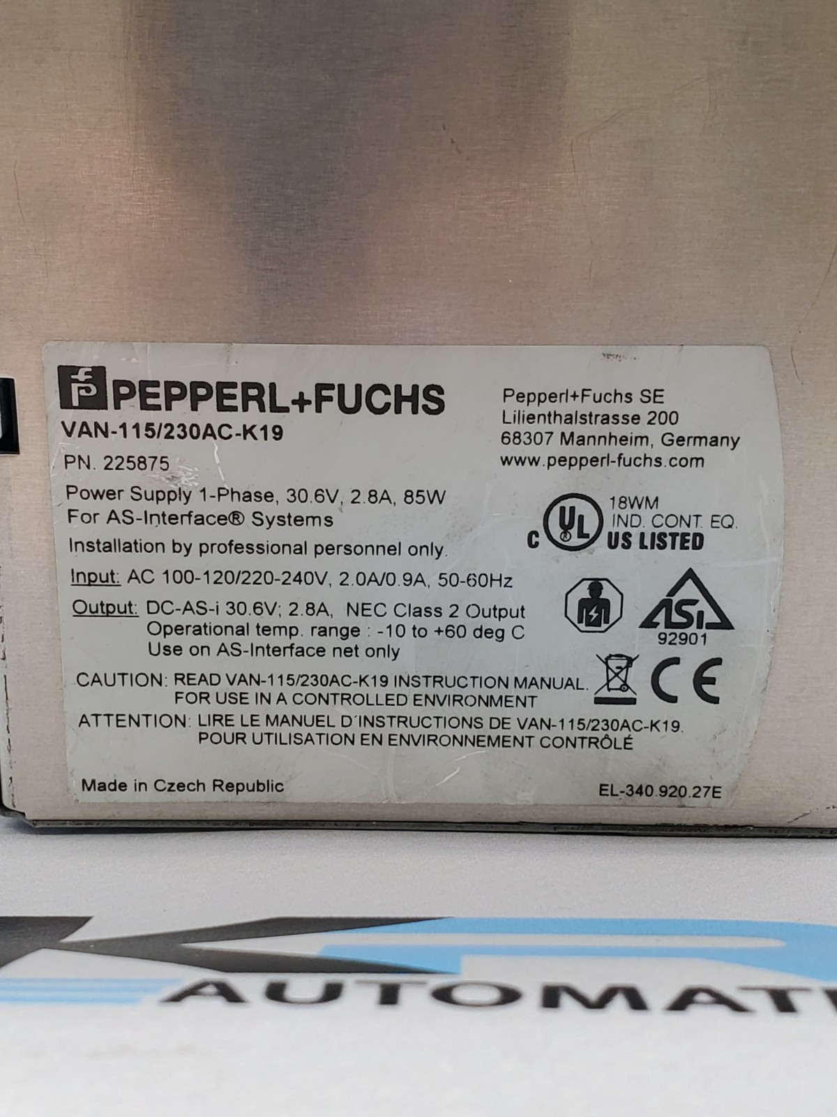 Pepperl+Fuchs VAN115/230AC-K19 Power Supply 1PH 30.6V 2.8A 85W