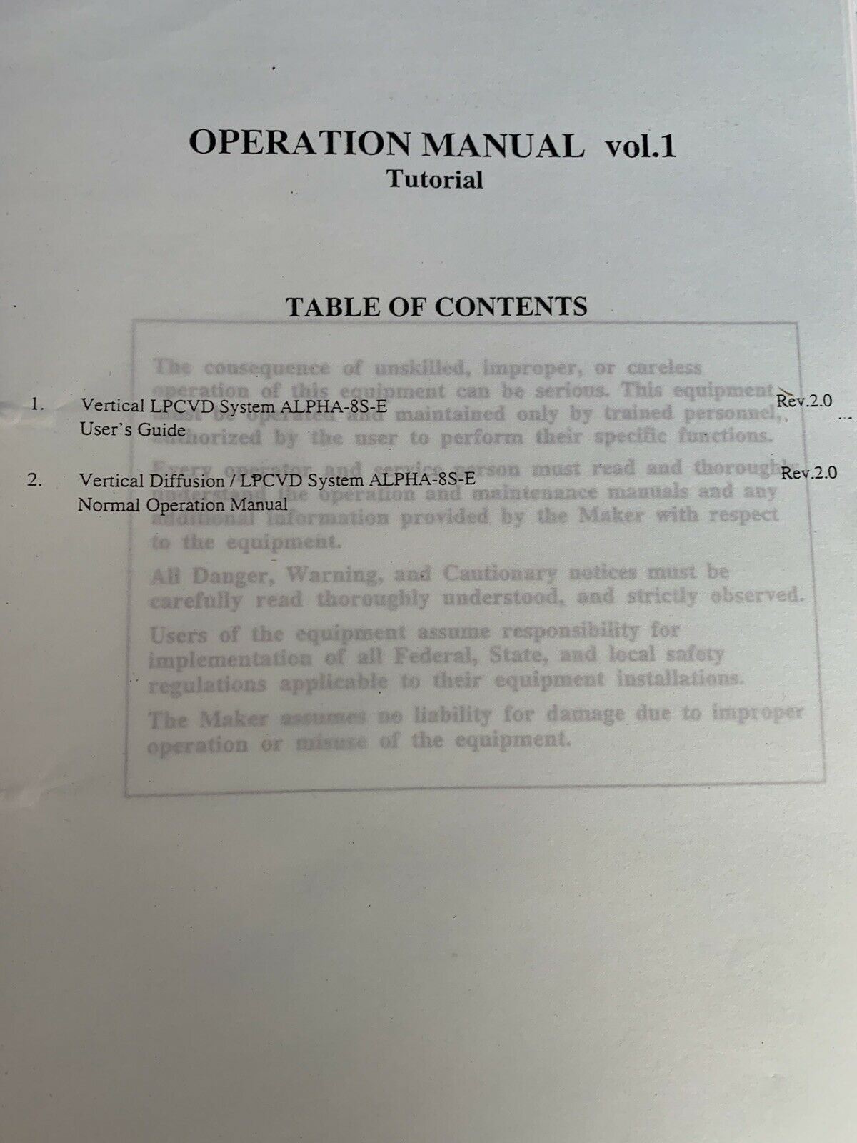Tokyo Electron ALPHA-8S-E Vertical LP-CVD Operation Manual Volumes 1,2 & 3