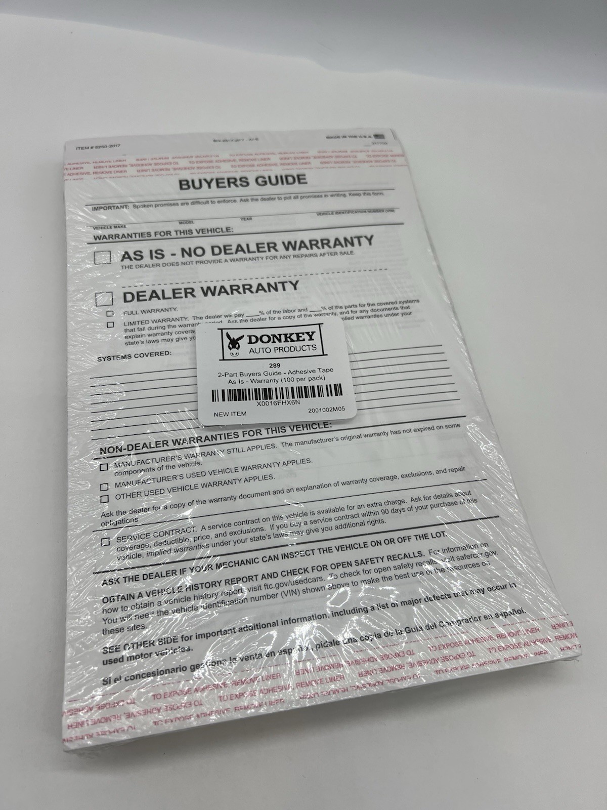 2-Part Buyers Guide Dealer Form As Is Warranty 100 Pack Adhesive Tape 8250-2017