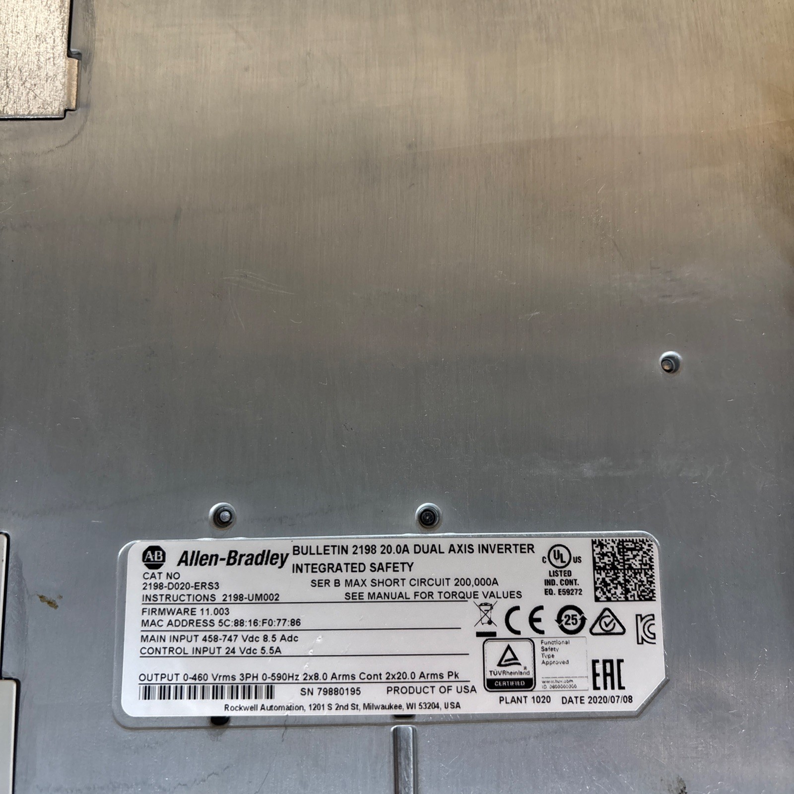 NEW Allen Bradley 2198-D020-ERS3 Kinetix 5700 Dual Axis Inverter