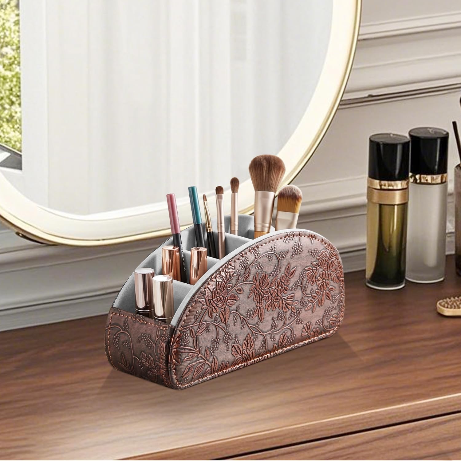 TV Remote Control Holder with 5 Compartments,Pu Leather Large, Antique Flower