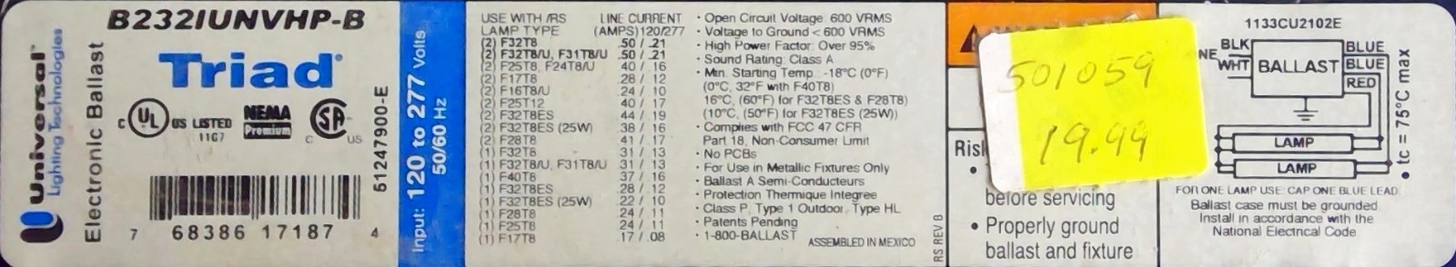 NEW TRIAD B232IUNVHP-B ELECTRONIC BALLAST 120-277V 50/60HZ