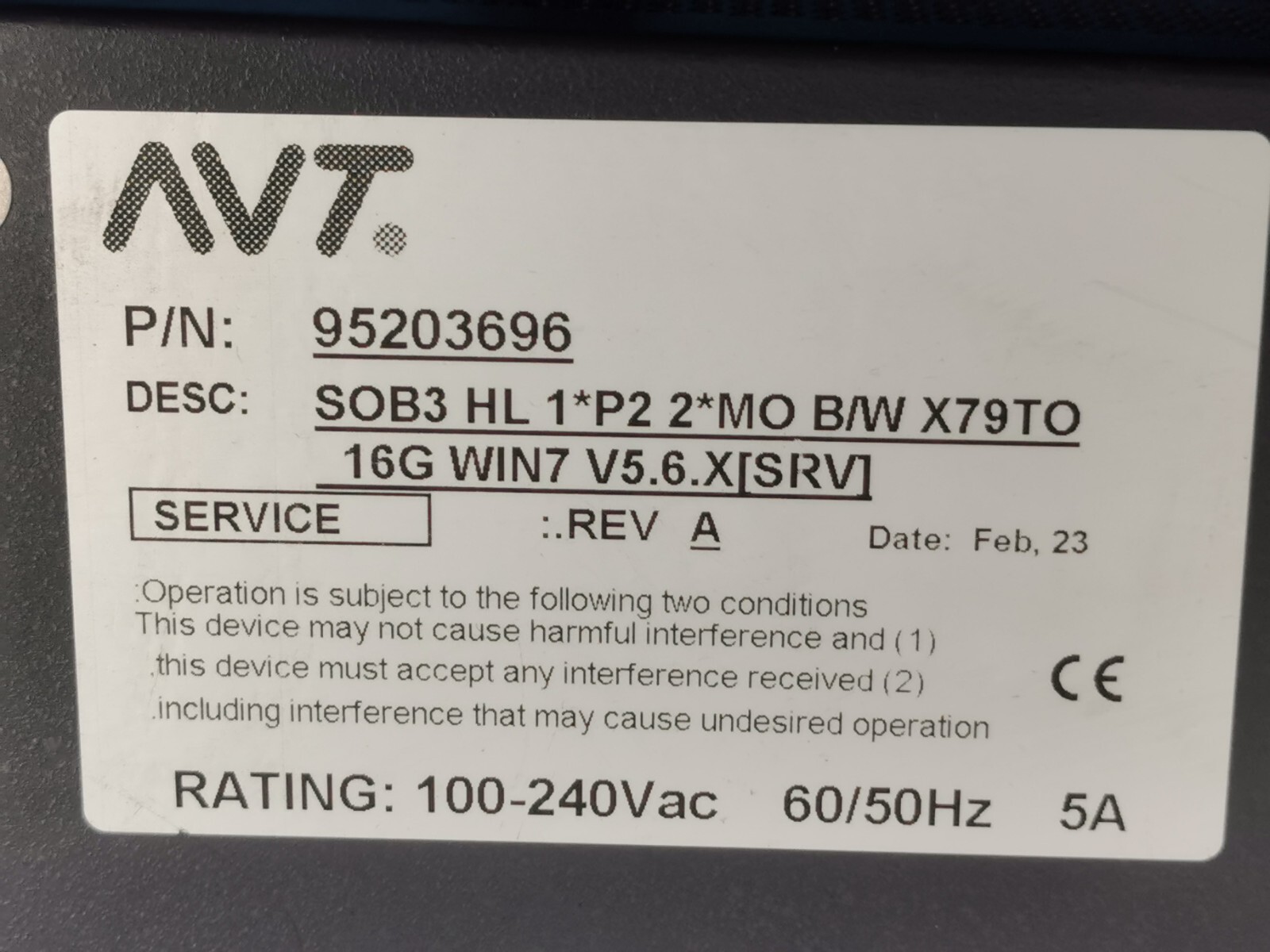 AVT 95203696 SOB3 HL 1*P2 2*MO B/W X79TO 16G WIN7 V5.6.X SRV