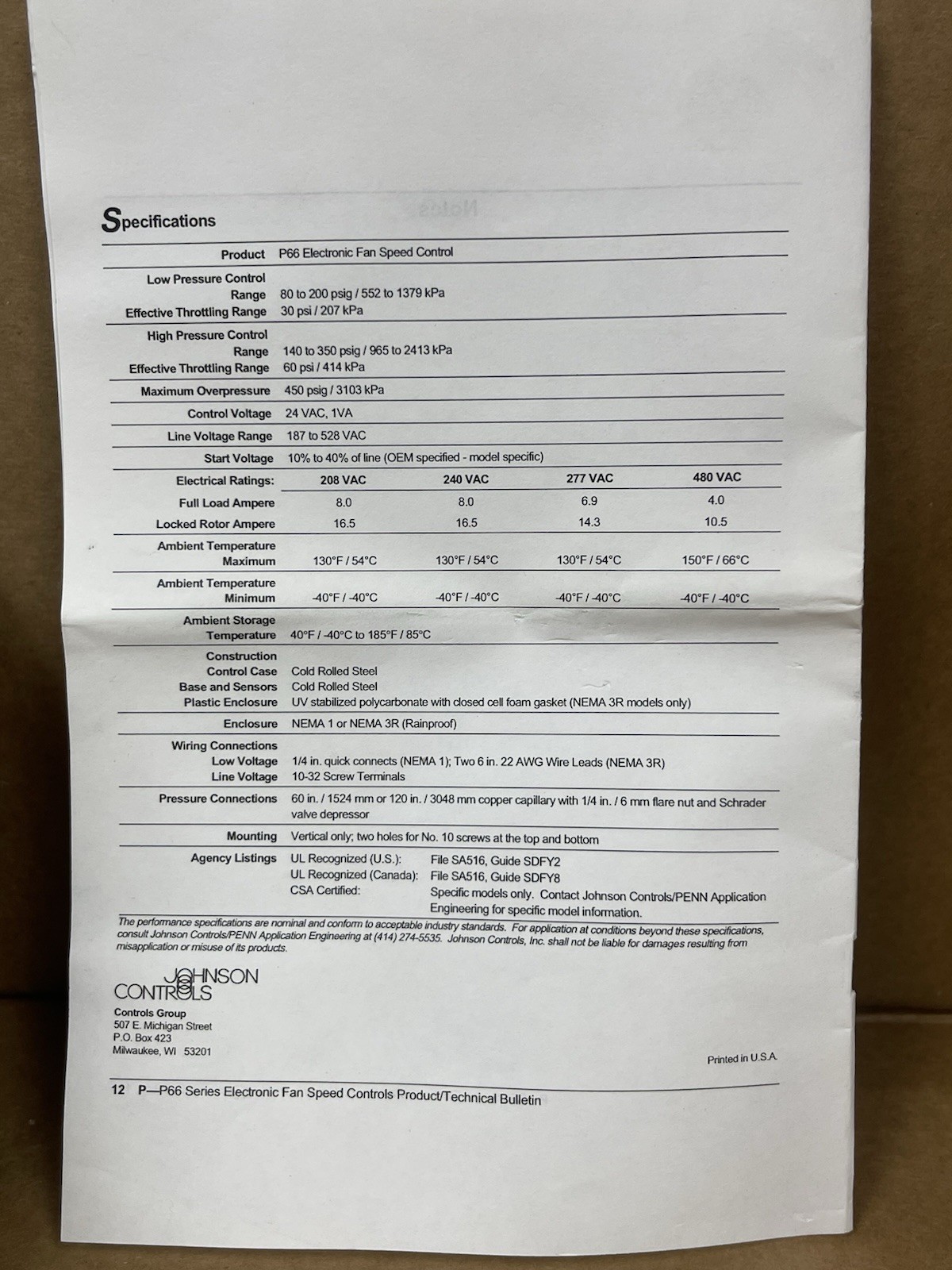 New Johnson Controls P66AAB-4C Series P66 Electronic Fan Speed Control