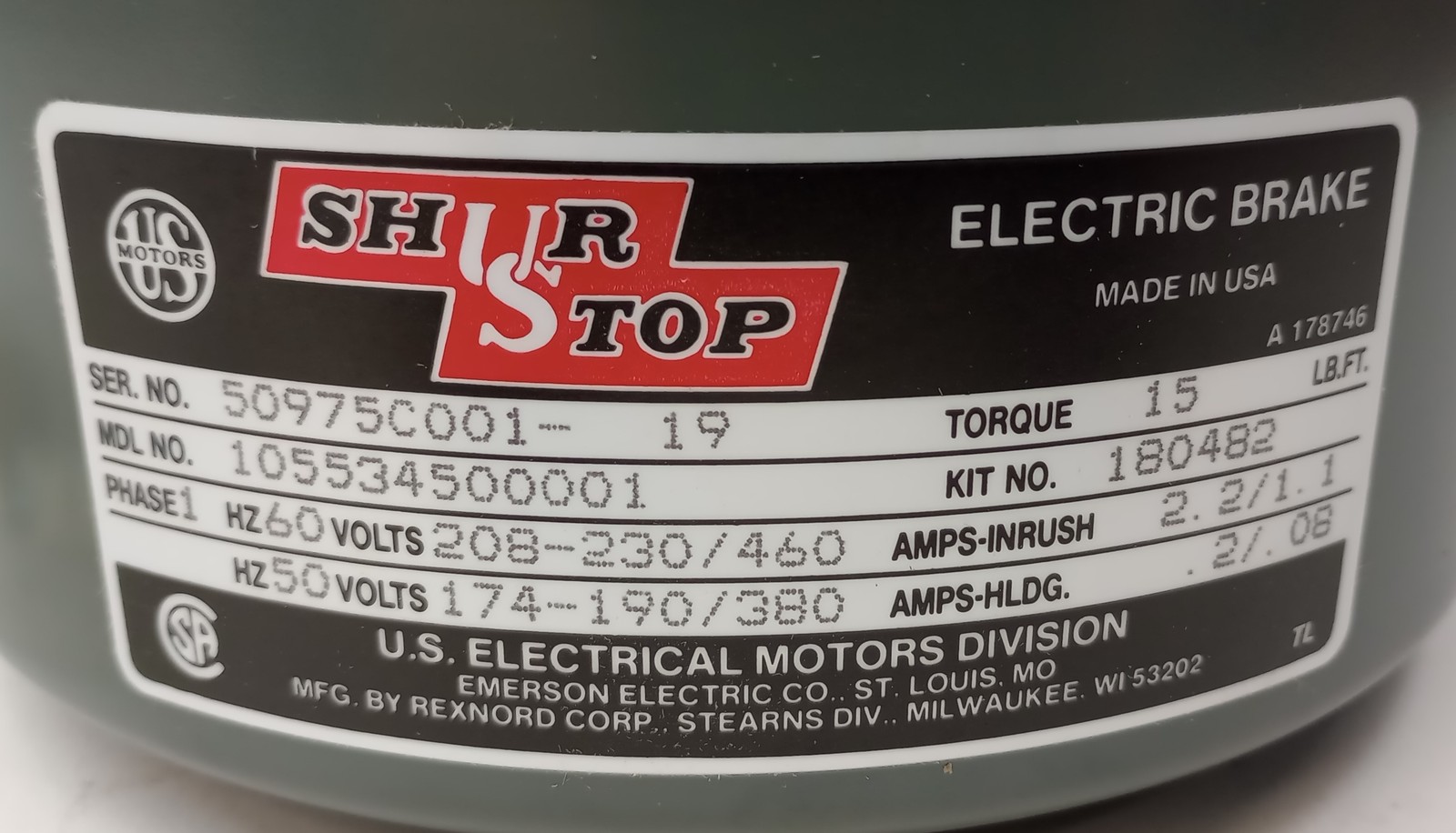 US Motors 105534500001 Electric Brake Kit 180482 Torque 15 LB-FT 208-230/460 V