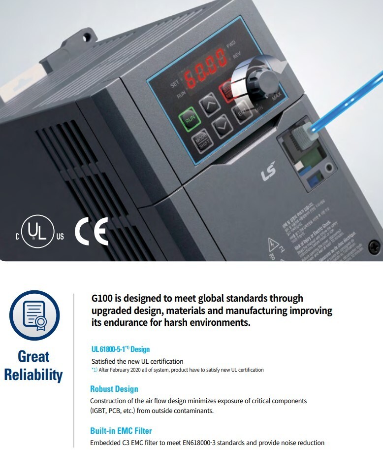 LS Inverter LSLV0015G100-4EOFN AC Drive 440VAC 3Phase 1.5kW 2Hp EMC Filter