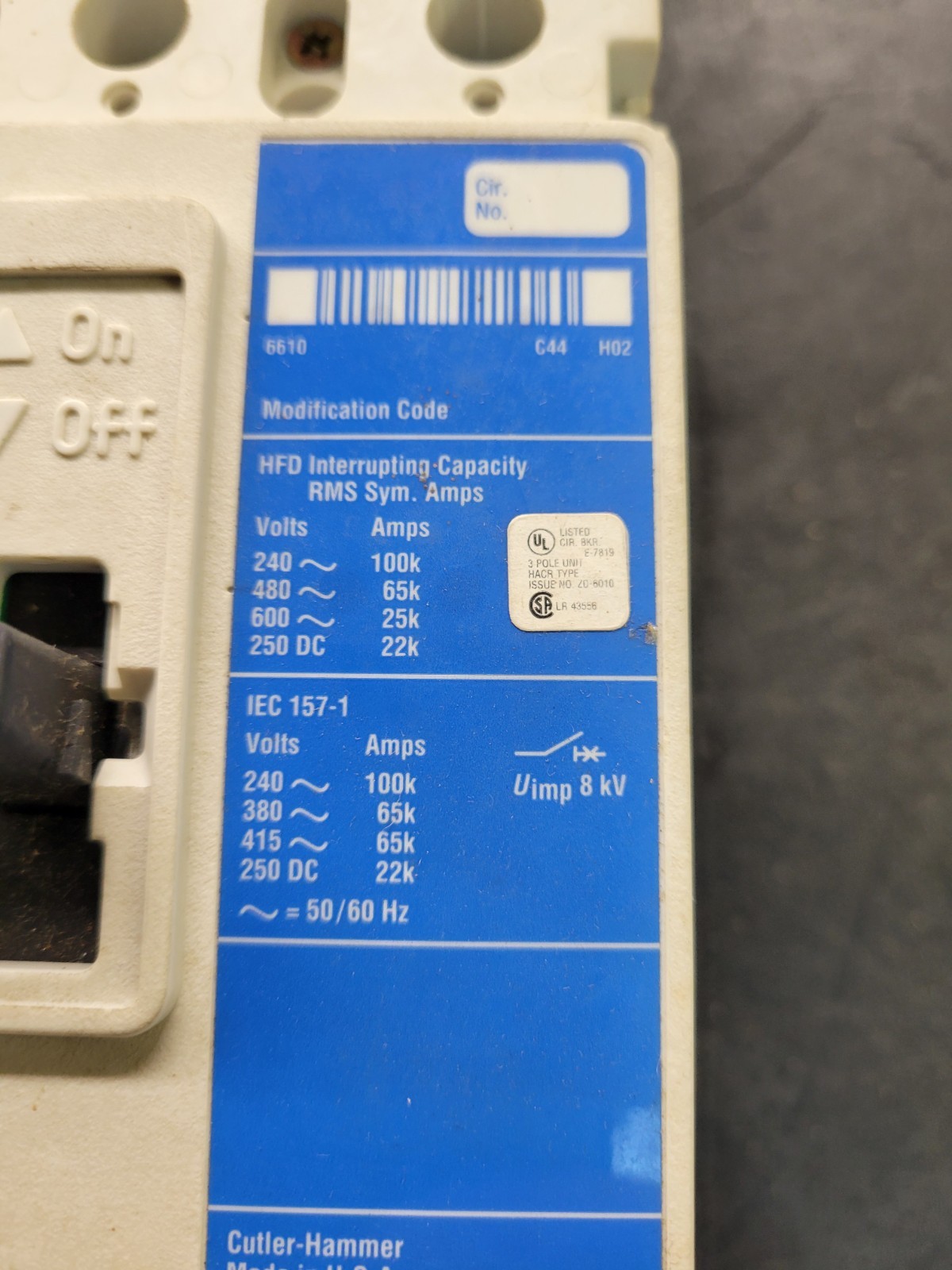Eaton HFD3050V Circuit Breaker.