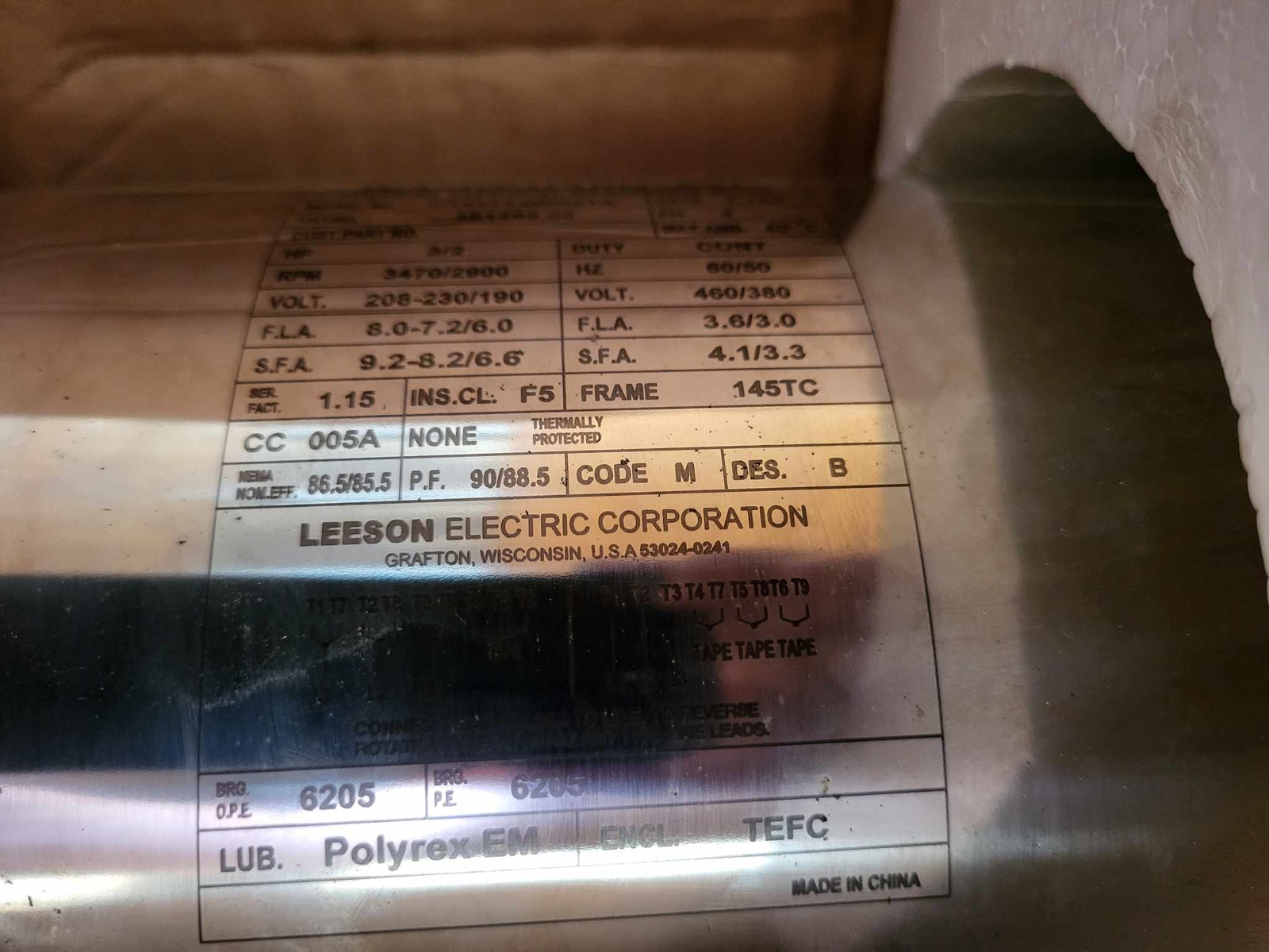 NSOP Leeson C145T34WK21A Motor 191492.00 3HP 3PH 3470RPM 208-230/460V AC 145TC